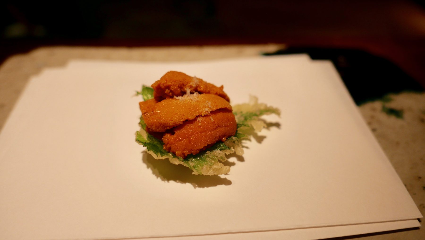 Sea urchin and shiso leave tempura at Motoyoshi, Tokyo